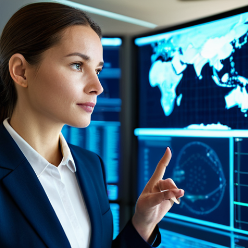 A confident female logistics executive in a modest, elegant business suit, standing in a high-tech global logistics command center. She is looking thoughtfully at a large digital screen displaying illuminated global trade routes and data visualizations, with a subtle, blurred cargo plane visible through a window in the background, conveying speed and connectivity. The setting is modern and professional, with cinematic lighting. perfect anatomy, correct proportions, natural pose, well-formed hands, proper finger count. Professional photography, high-resolution, sharp focus, detailed textures, vibrant colors. fully clothed, appropriate attire, modest clothing, safe for work, appropriate content, professional.