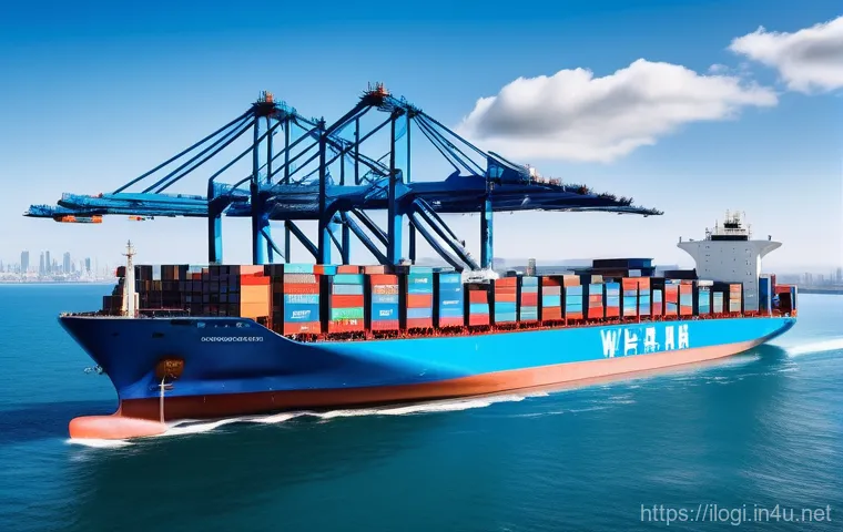 국제물류사로서의 글로벌 시장 진출 전략 - A massive, modern container ship, gleaming white and blue, sails powerfully across a vast, deep blue...