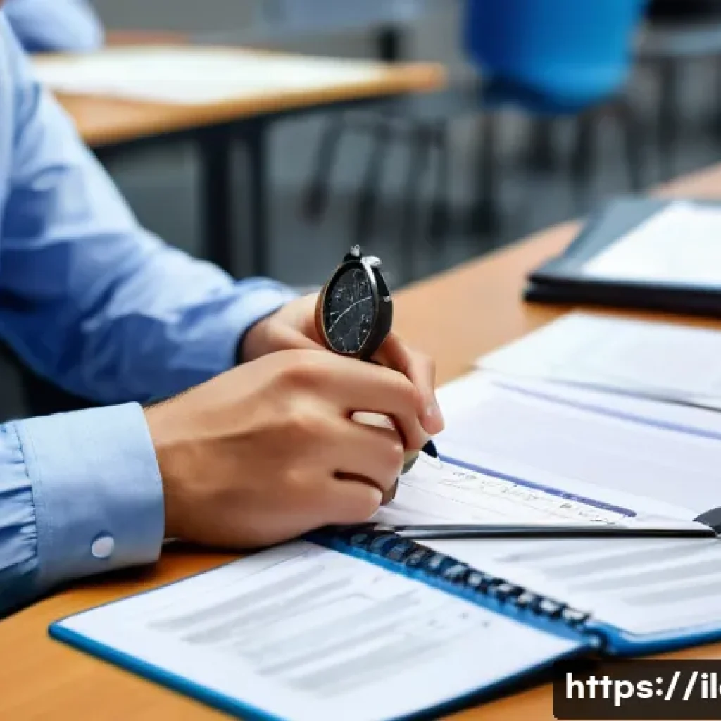 국제물류사 시험에서 주의해야 할 실수 - A focused test-taker sitting at a clean desk in a quiet examination room, carefully managing time wi...