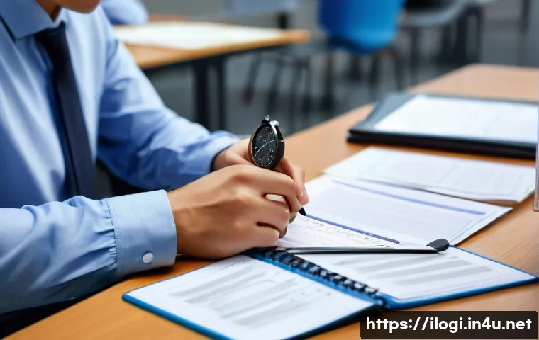 국제물류사 시험에서 주의해야 할 실수 - A focused test-taker sitting at a clean desk in a quiet examination room, carefully managing time wi...