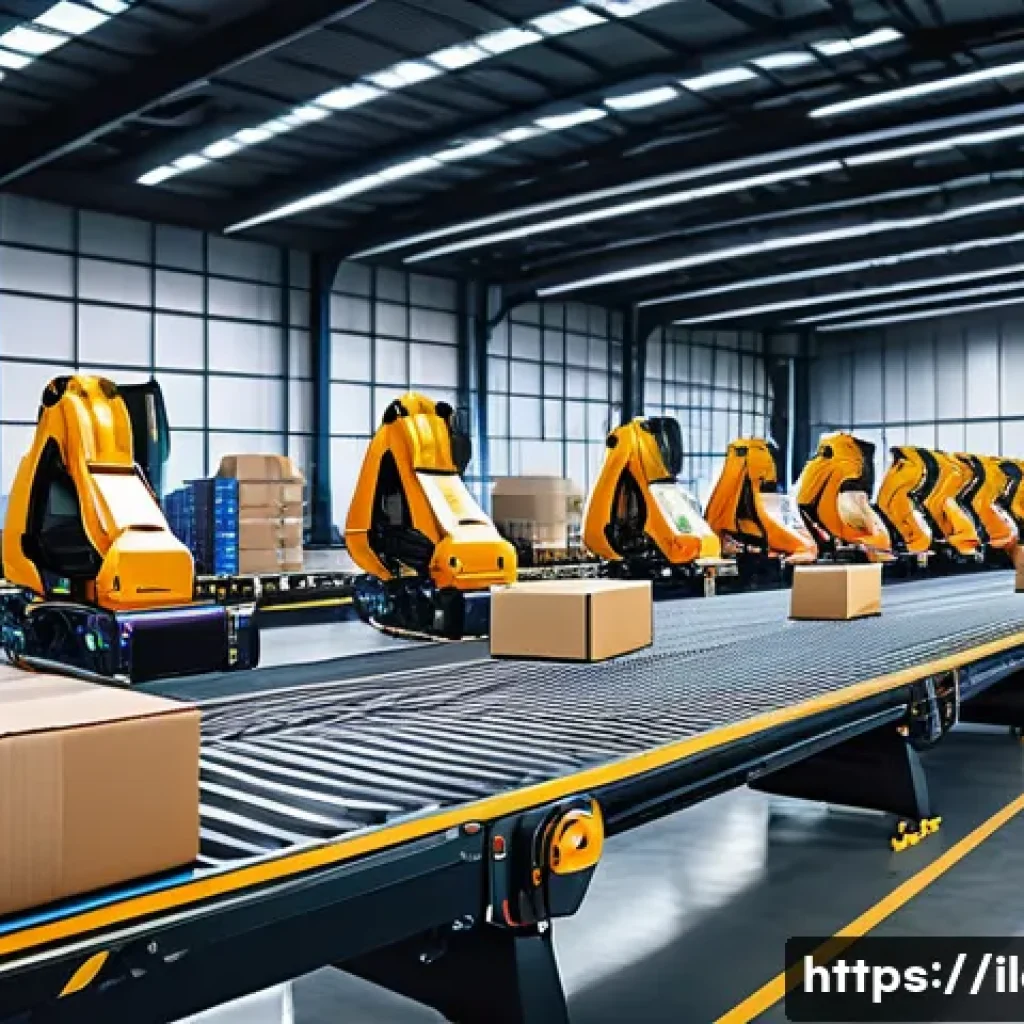 국제물류와 전자상거래의 관계 - A futuristic warehouse interior showcasing advanced logistics technology: robotic arms and autonomou...