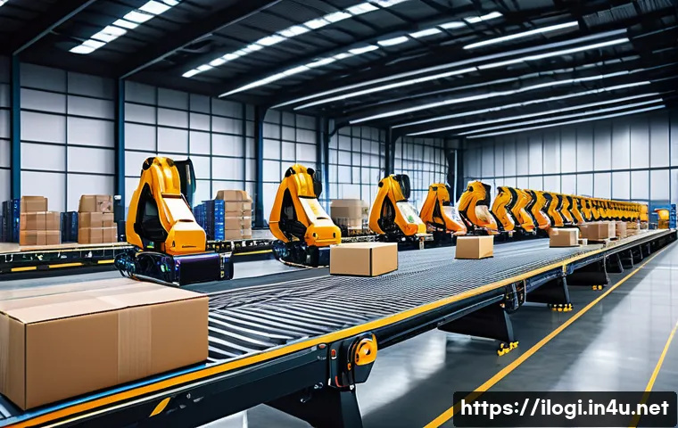 국제물류와 전자상거래의 관계 - A futuristic warehouse interior showcasing advanced logistics technology: robotic arms and autonomou...
