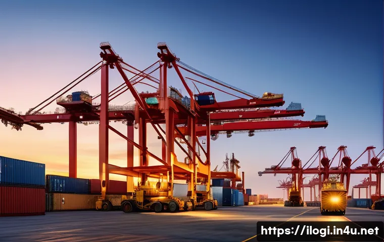 국제물류사로서 해외에서 일하기 - A bustling international port scene at dawn with advanced automated cranes unloading massive cargo c...