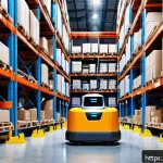 Home 21 국제물류사와 로봇 자동화 기술의 융합 - A modern warehouse interior featuring multiple Autonomous Mobile Robots (AMRs) smoothly navigating n...
