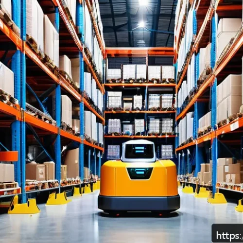 Home 33 국제물류사와 로봇 자동화 기술의 융합 - A modern warehouse interior featuring multiple Autonomous Mobile Robots (AMRs) smoothly navigating n...