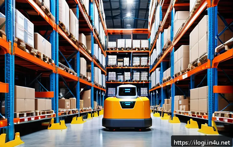 국제물류사와 로봇 자동화 기술의 융합 - A modern warehouse interior featuring multiple Autonomous Mobile Robots (AMRs) smoothly navigating n...