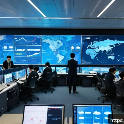 Home 17 국제물류 실무에서 흔히 겪는 문제와 해결법 - A high-tech international logistics command center bustling with activity, featuring large digital s...