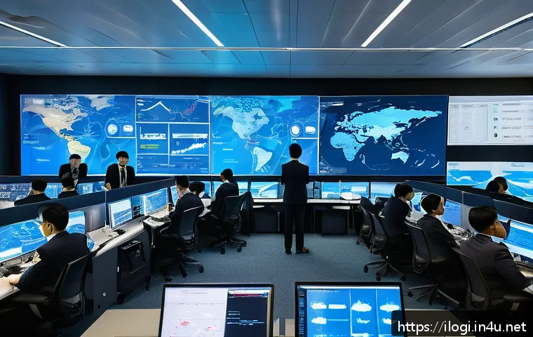 국제물류 실무에서 흔히 겪는 문제와 해결법 - A high-tech international logistics command center bustling with activity, featuring large digital s...